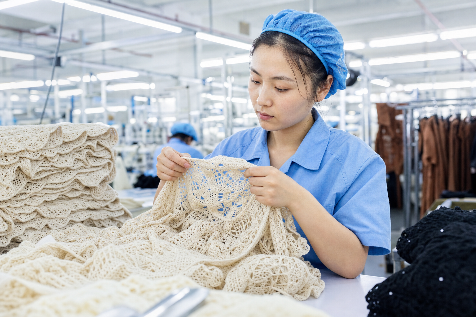 Chinese quality inspector checking crochet-look garment panels in a factory
