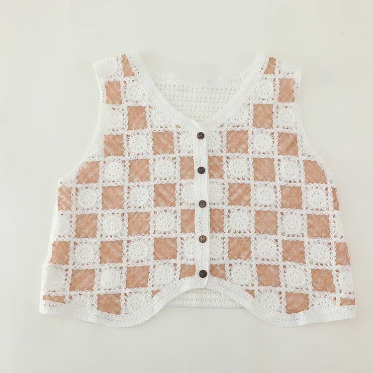Wholesale blush check crochet-look button vest for OEM and private label production 2