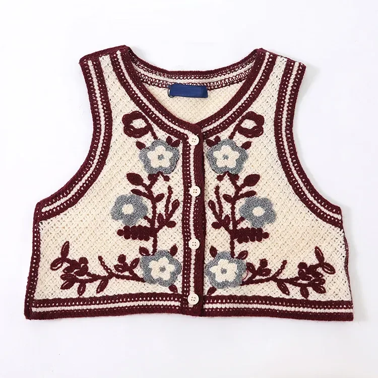 Wholesale burgundy floral crochet-look button vest for OEM and private label production 2