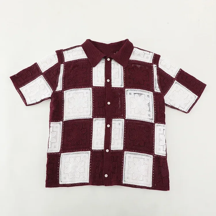 Wholesale burgundy patchwork crochet-look shirt for OEM and private label production 2