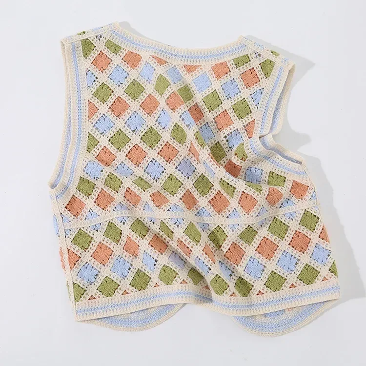 Wholesale pastel argyle crochet-look button vest for OEM and private label production 3