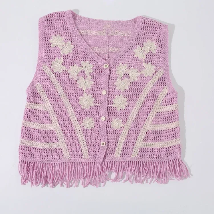 Wholesale lilac floral fringe crochet-look vest for OEM and private label production 2