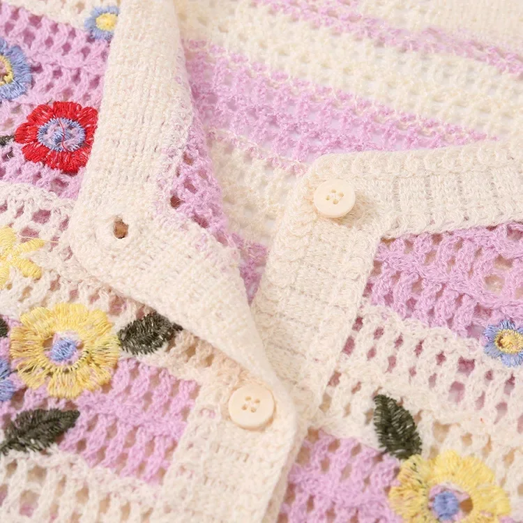 Wholesale pink floral crochet-look short sleeve cardigan for OEM and private label production 4