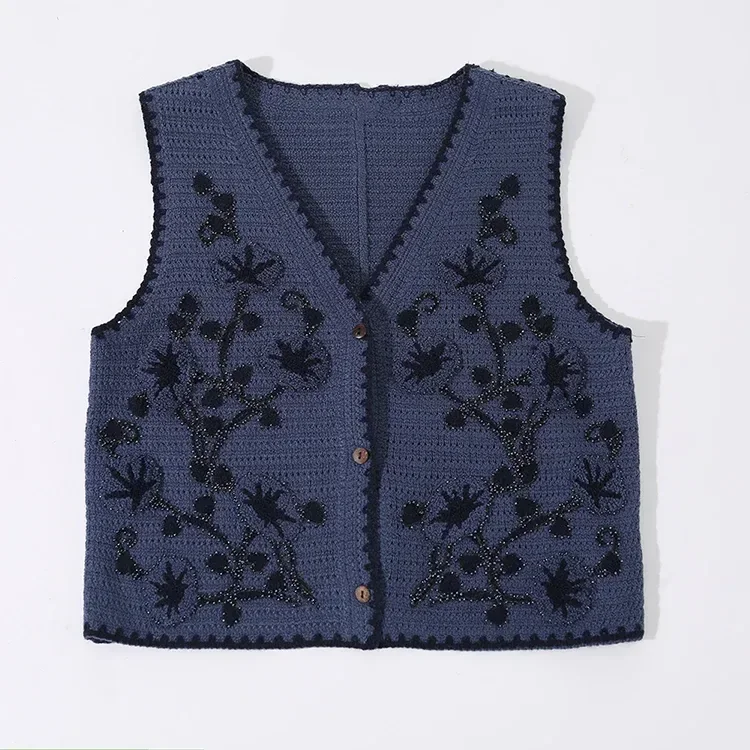 Wholesale navy floral crochet-look button vest for OEM and private label production 2