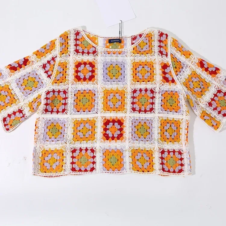Wholesale rust multicolor patchwork crochet-look top for OEM and private label production 2