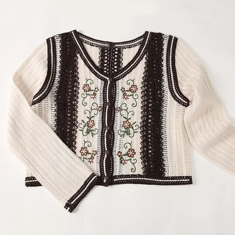 Wholesale ivory burgundy embroidered crochet-look cardigan for OEM and private label production 2
