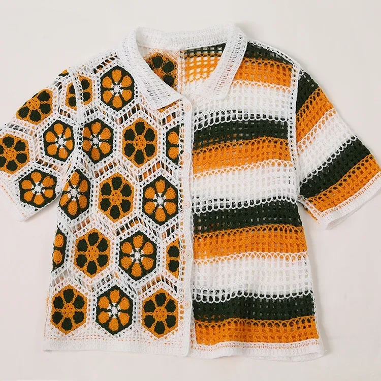 Wholesale orange geometric crochet-look polo top for OEM and private label production 2