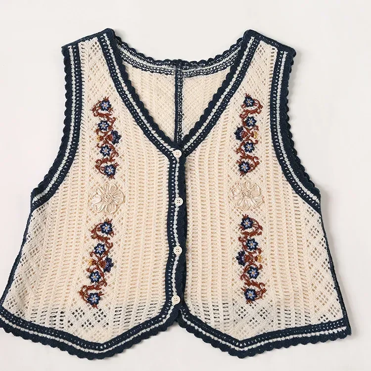 Wholesale ivory navy botanical crochet-look vest for OEM and private label production 2