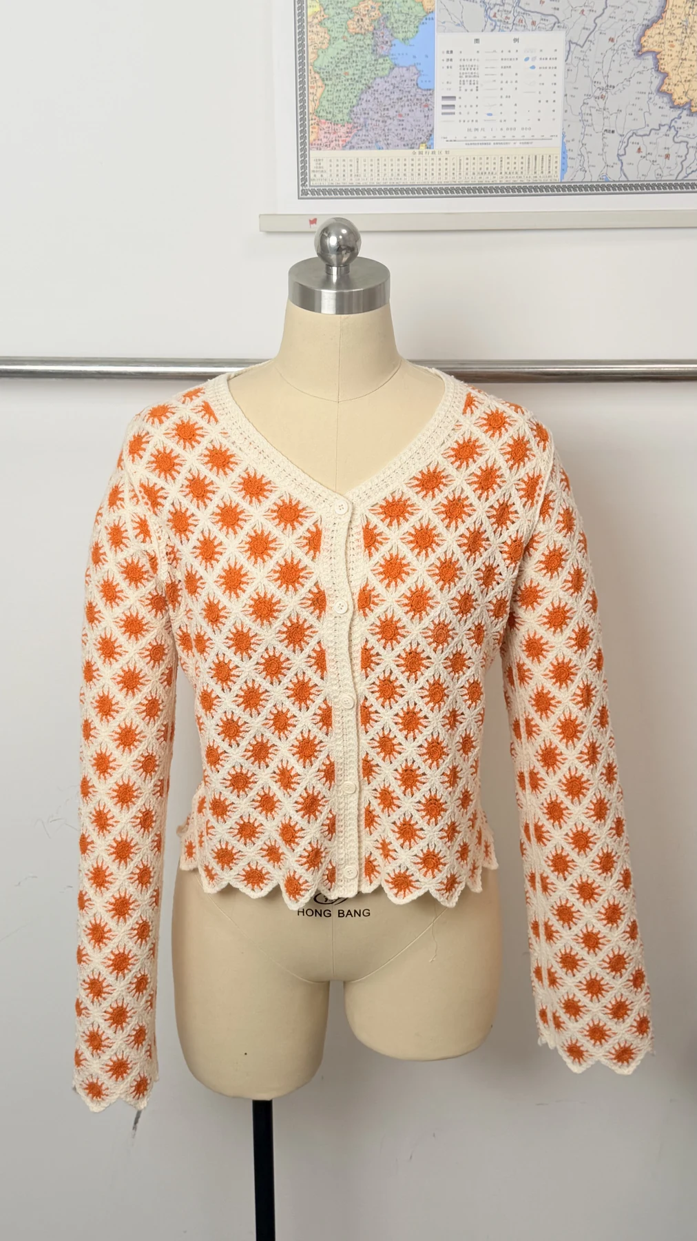 Wholesale Orange Daisy Crochet-Look Button Cardigan for OEM and private label production