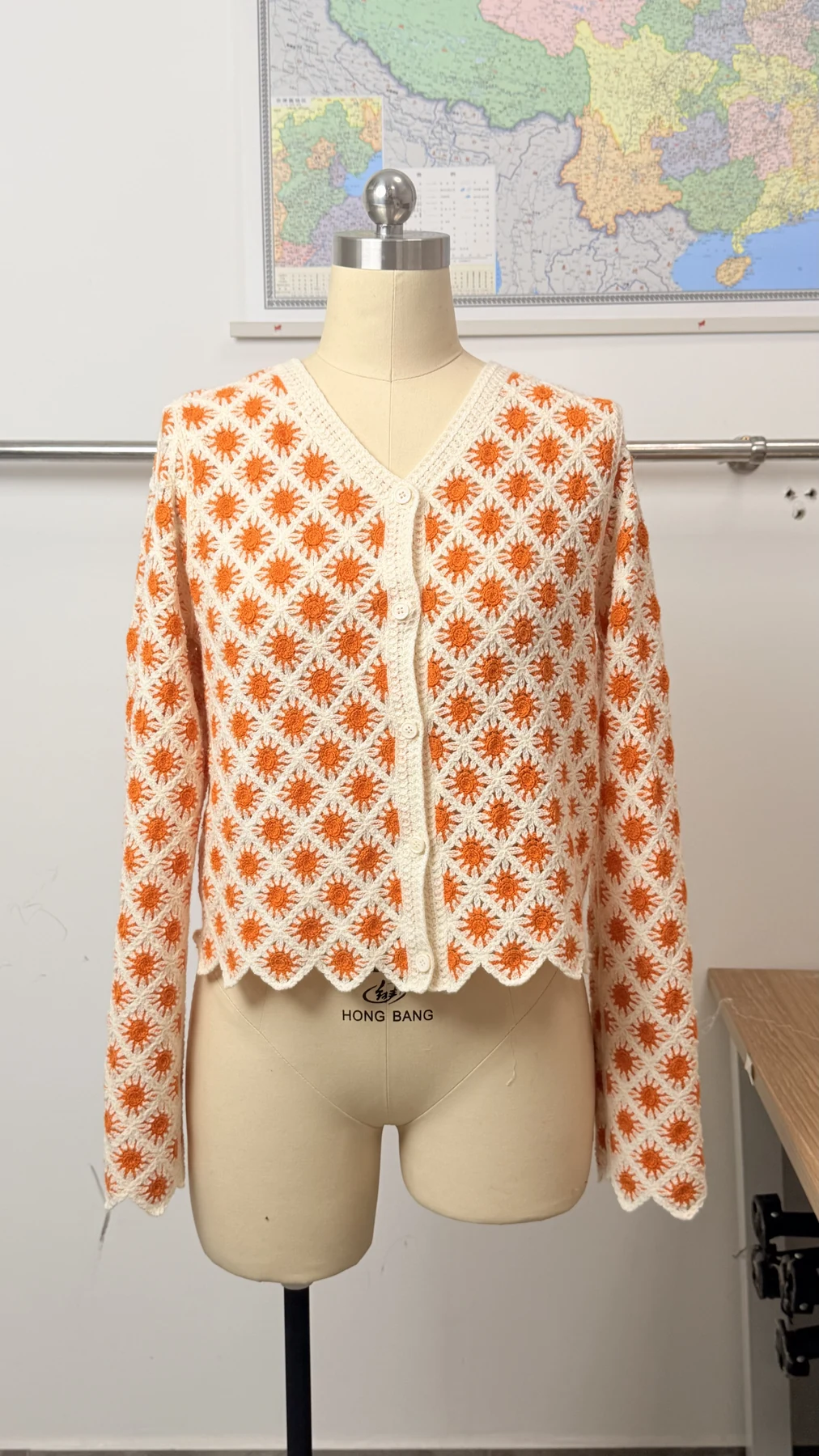 Wholesale Orange Daisy Crochet-Look Button Cardigan for OEM and private label production 7