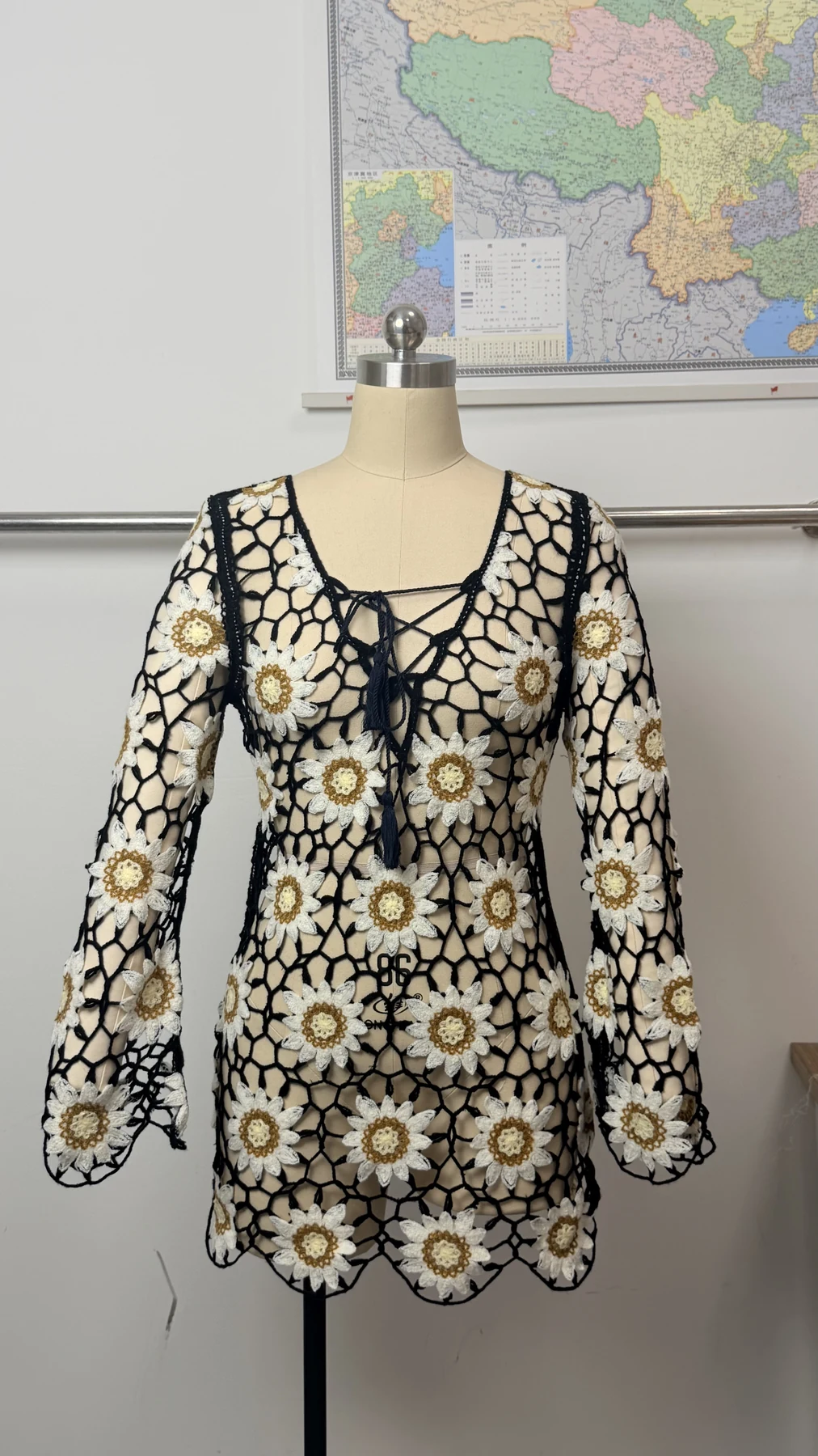 Wholesale Black Ivory Daisy Crochet-Look Tunic for OEM and private label production