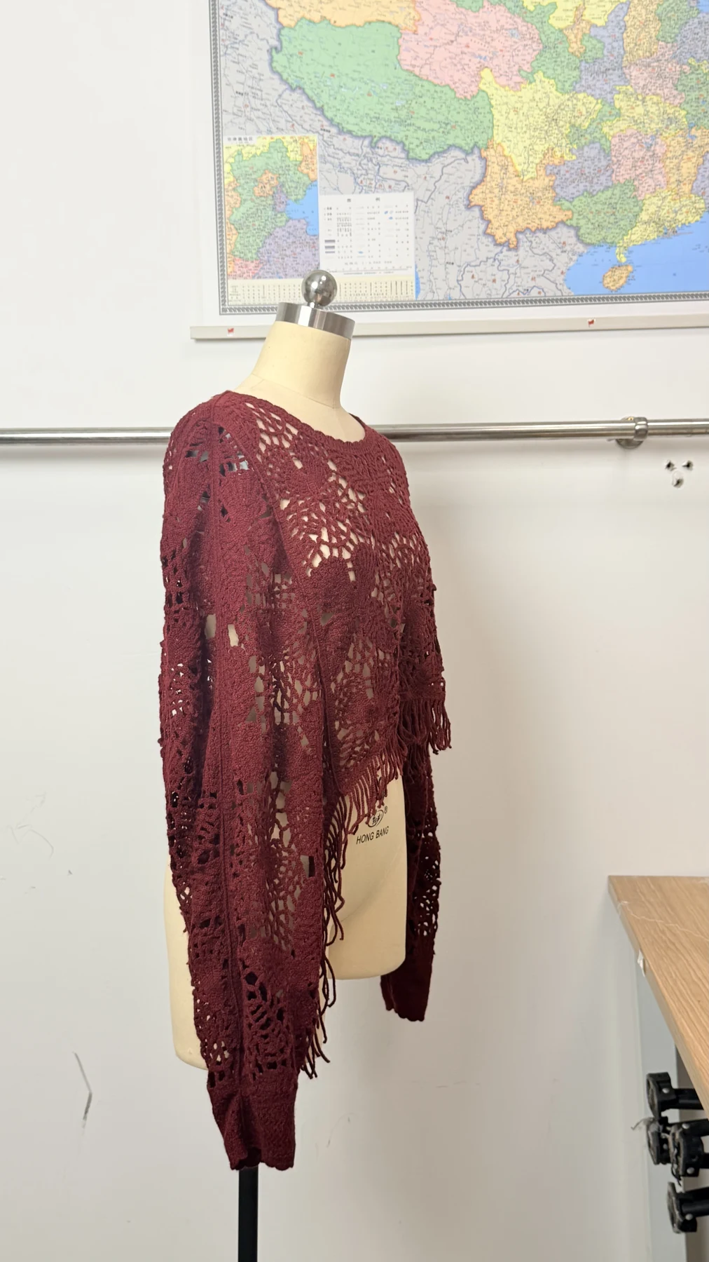 Wholesale Burgundy Asymmetric Crochet-Look Poncho Top for OEM and private label production 2