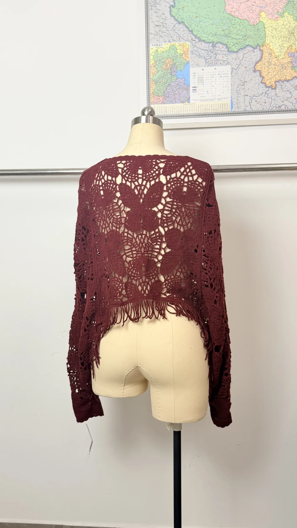 Wholesale Burgundy Asymmetric Crochet-Look Poncho Top for OEM and private label production 3