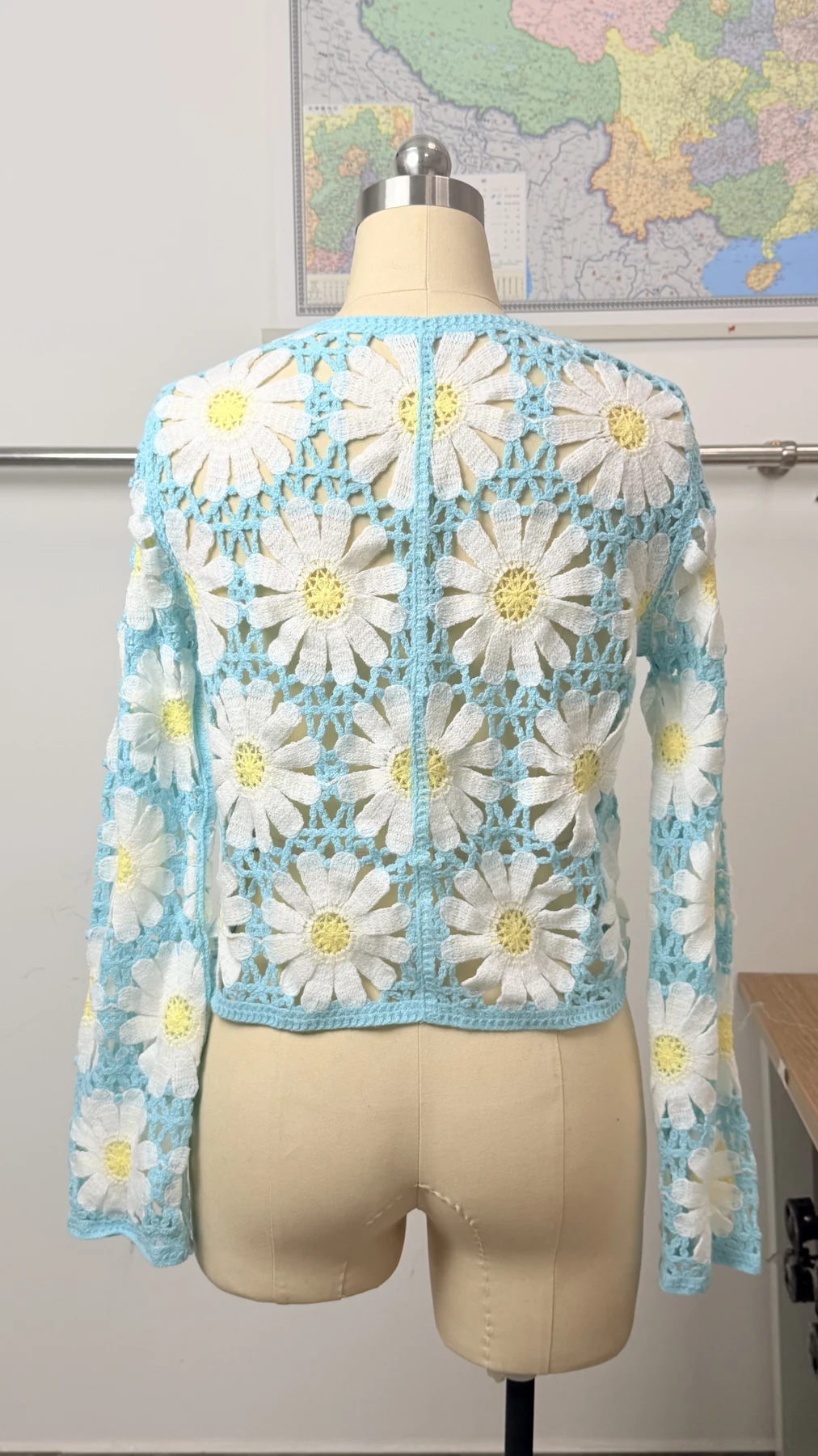 Wholesale Sky Blue Daisy Crochet-Look Cardigan for OEM and private label production 2