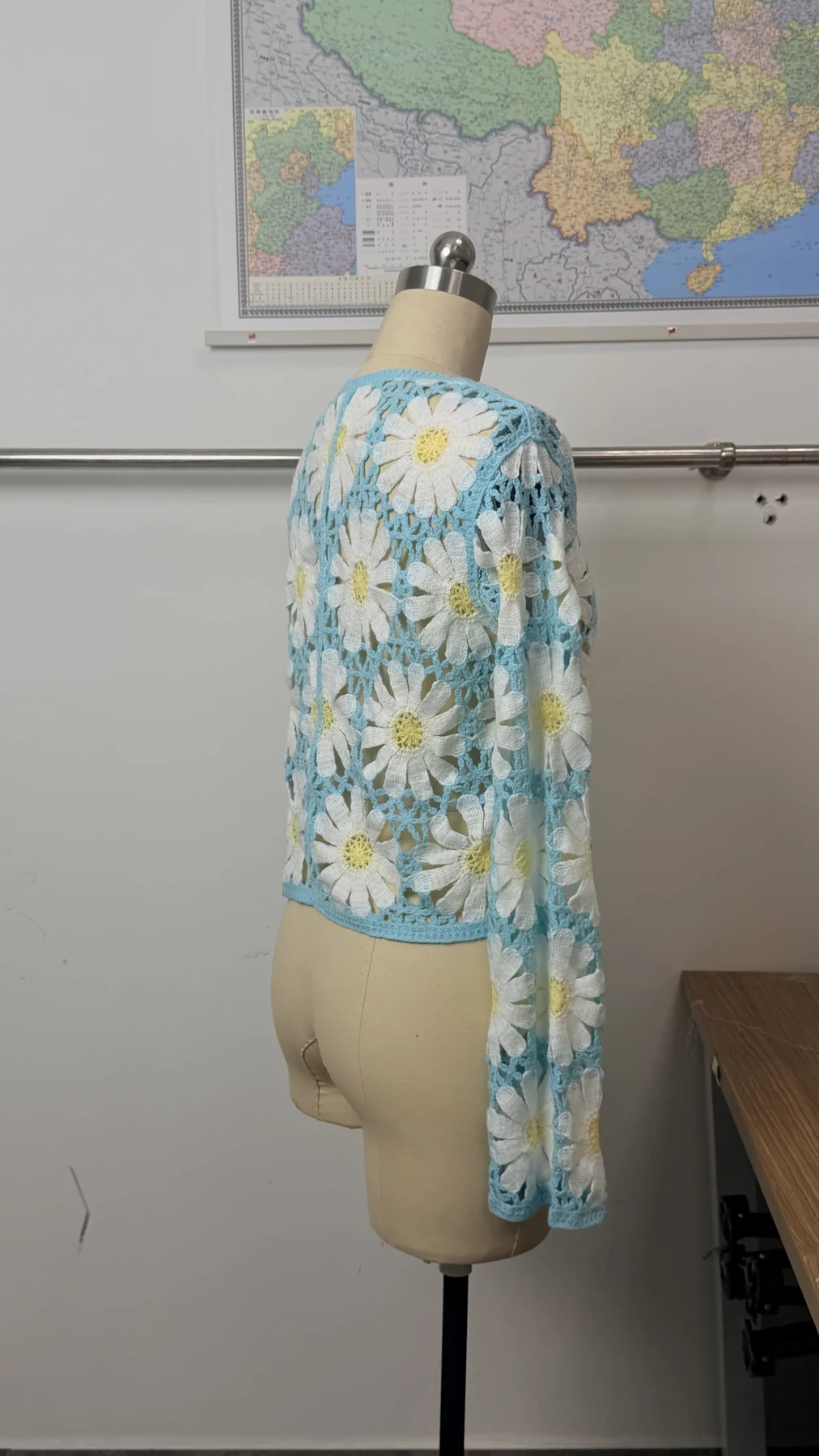 Wholesale Sky Blue Daisy Crochet-Look Cardigan for OEM and private label production 4