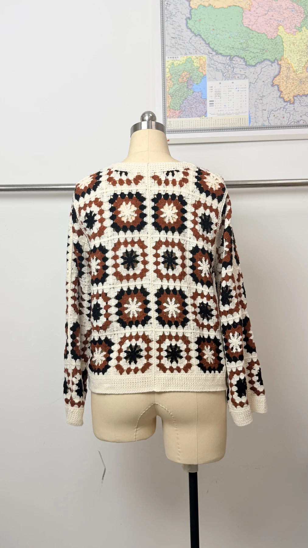 Wholesale Rust Black Granny Square Crochet-Look Sweater for OEM and private label production 3