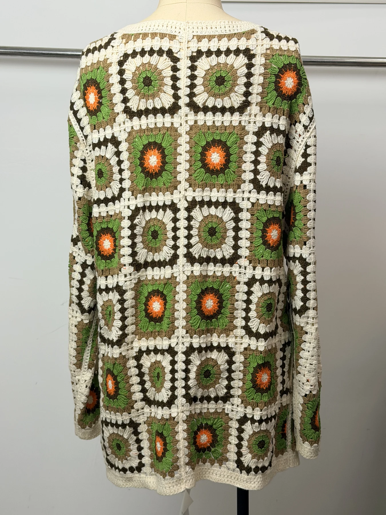 Wholesale Olive Orange Granny Square Crochet-Look Long Cardigan for OEM and private label production 2