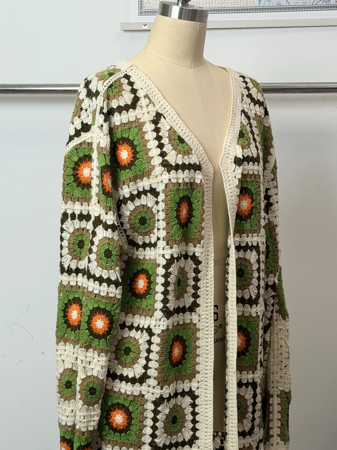 Wholesale Olive Orange Granny Square Crochet-Look Long Cardigan for OEM and private label production 5