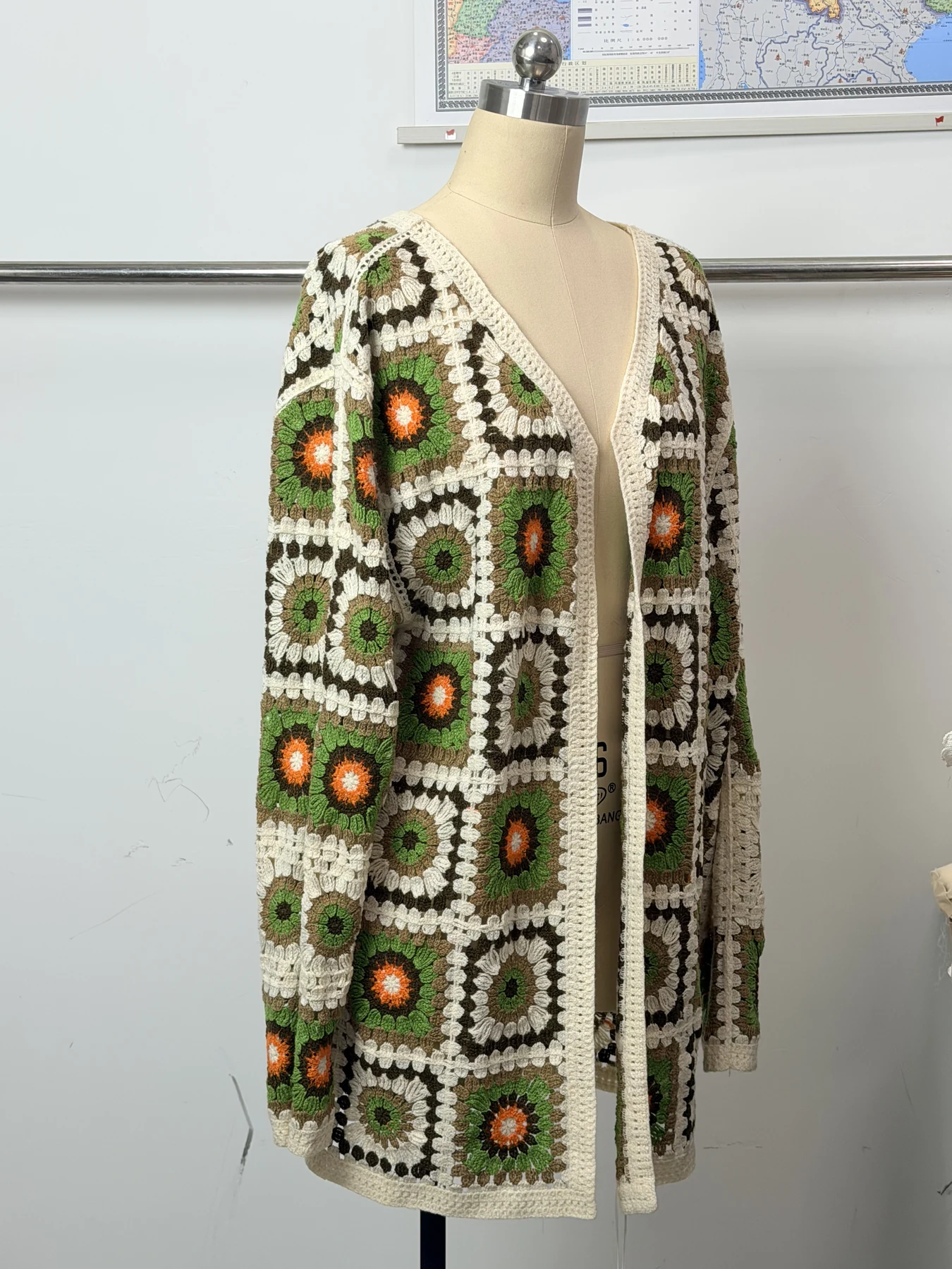 Wholesale Olive Orange Granny Square Crochet-Look Long Cardigan for OEM and private label production 6