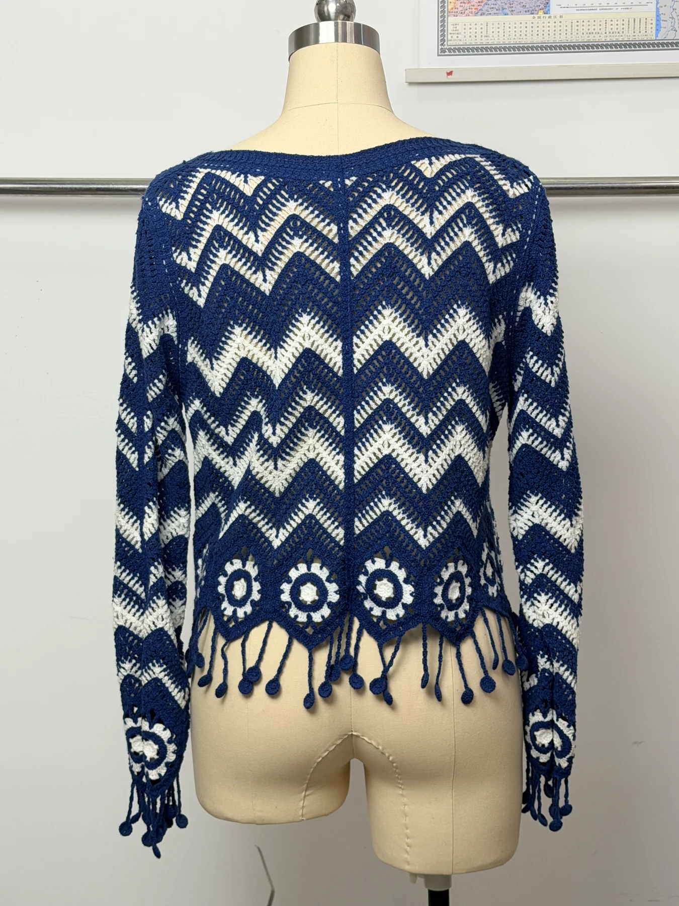 Wholesale Navy Chevron Fringe Crochet-Look Poncho Top for OEM and private label production 2