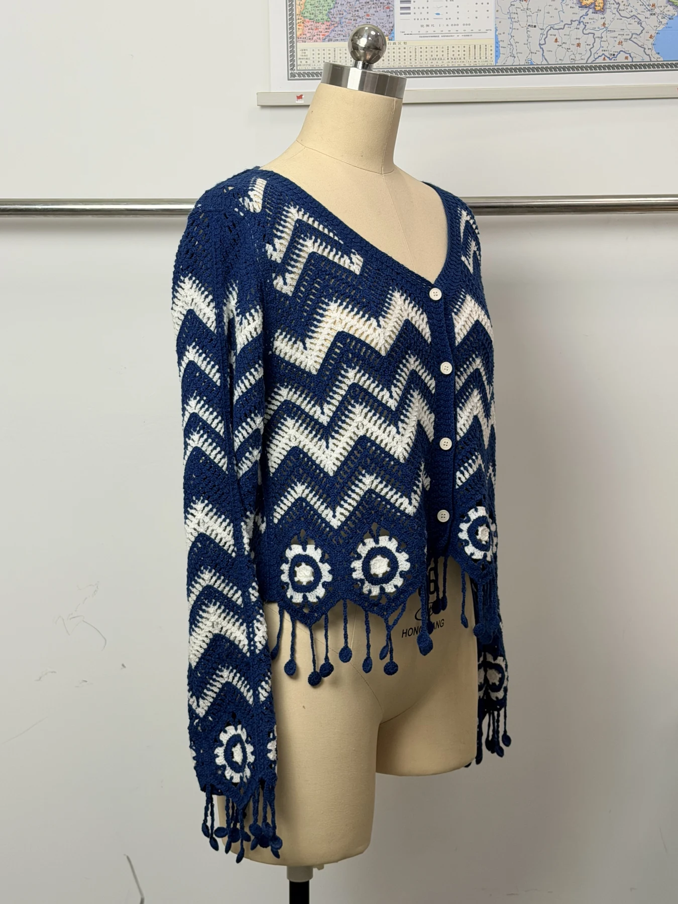 Wholesale Navy Chevron Fringe Crochet-Look Poncho Top for OEM and private label production 3