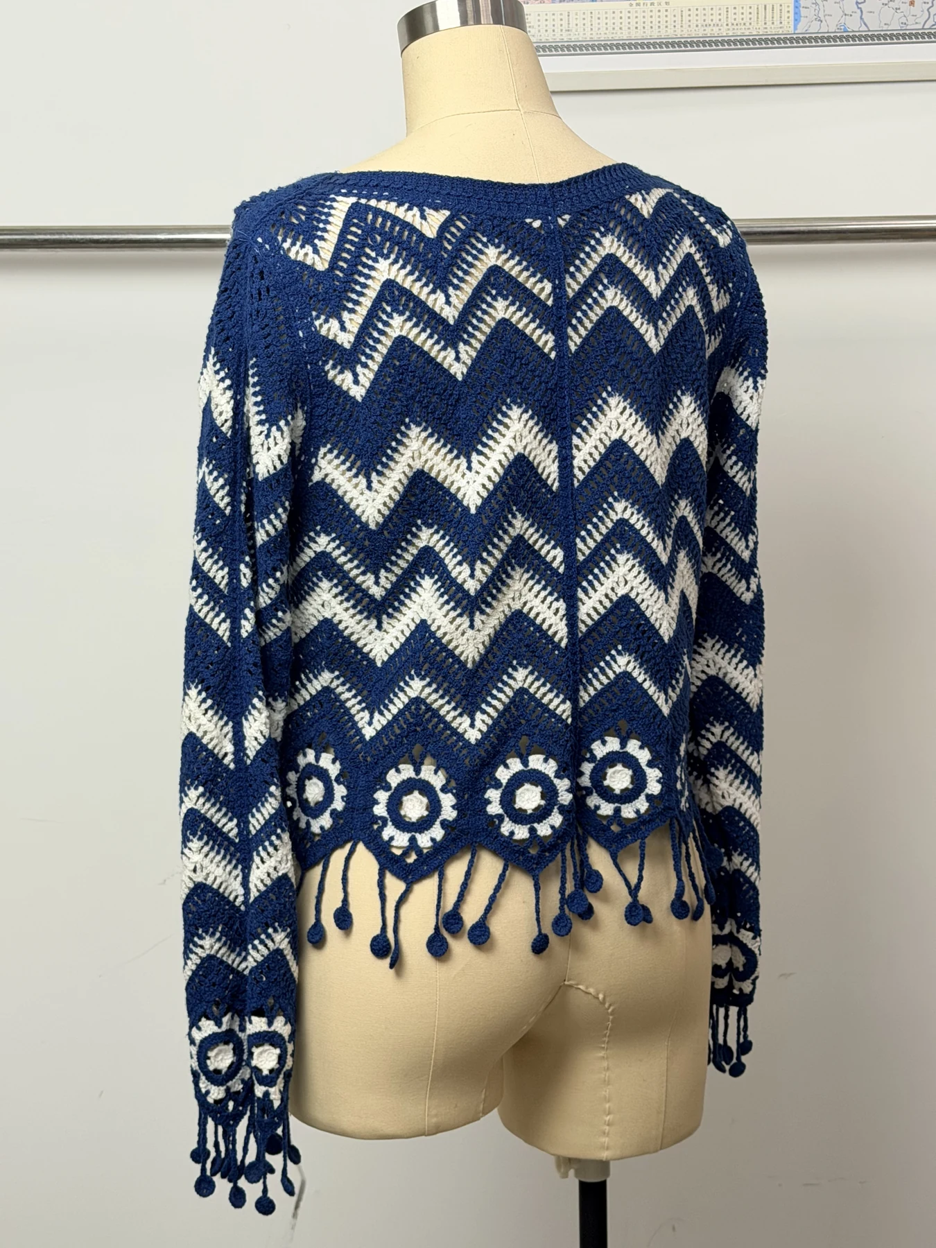 Wholesale Navy Chevron Fringe Crochet-Look Poncho Top for OEM and private label production 4