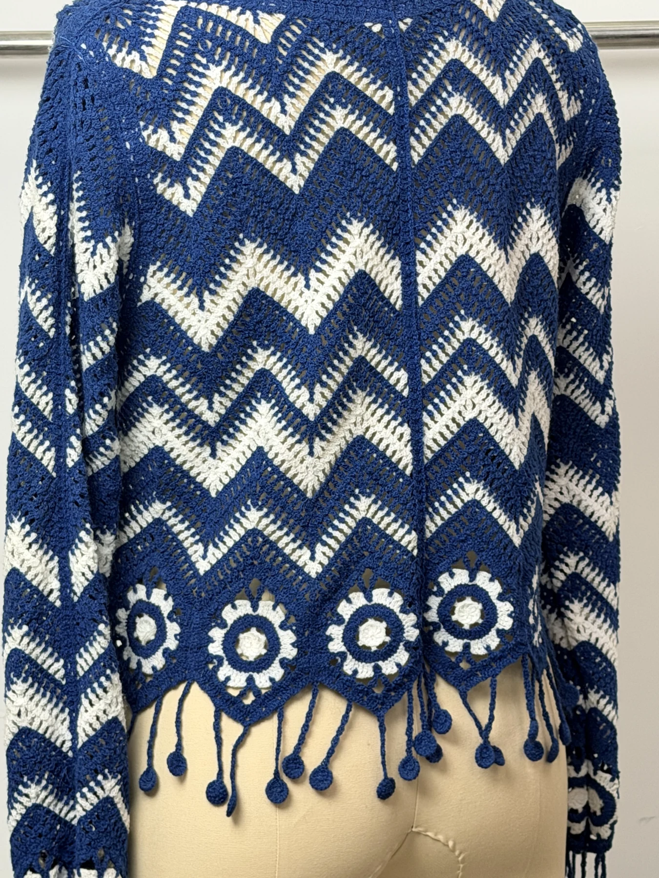 Wholesale Navy Chevron Fringe Crochet-Look Poncho Top for OEM and private label production 5