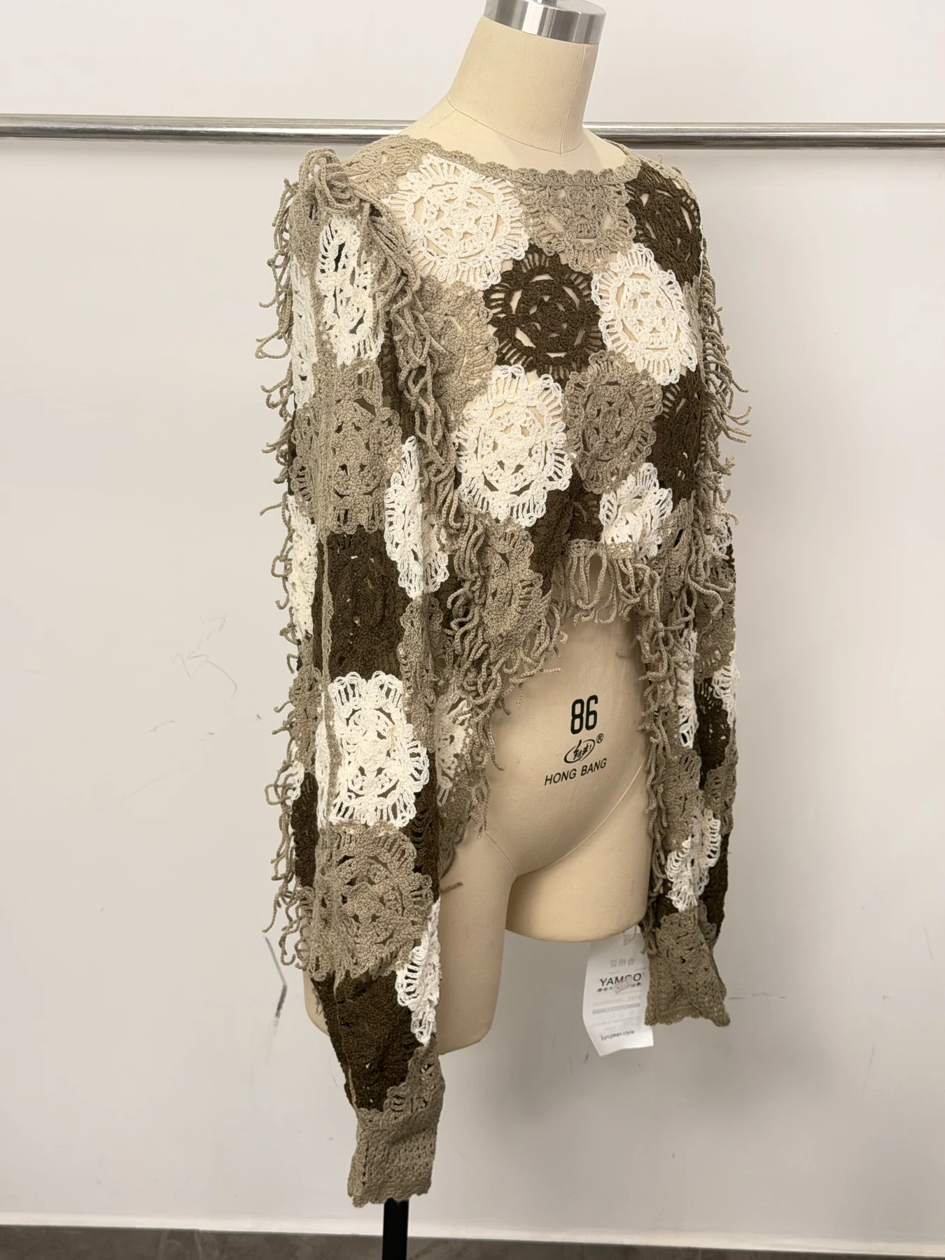 Wholesale Taupe Ivory Floral Crochet-Look Asymmetric Top for OEM and private label production 2