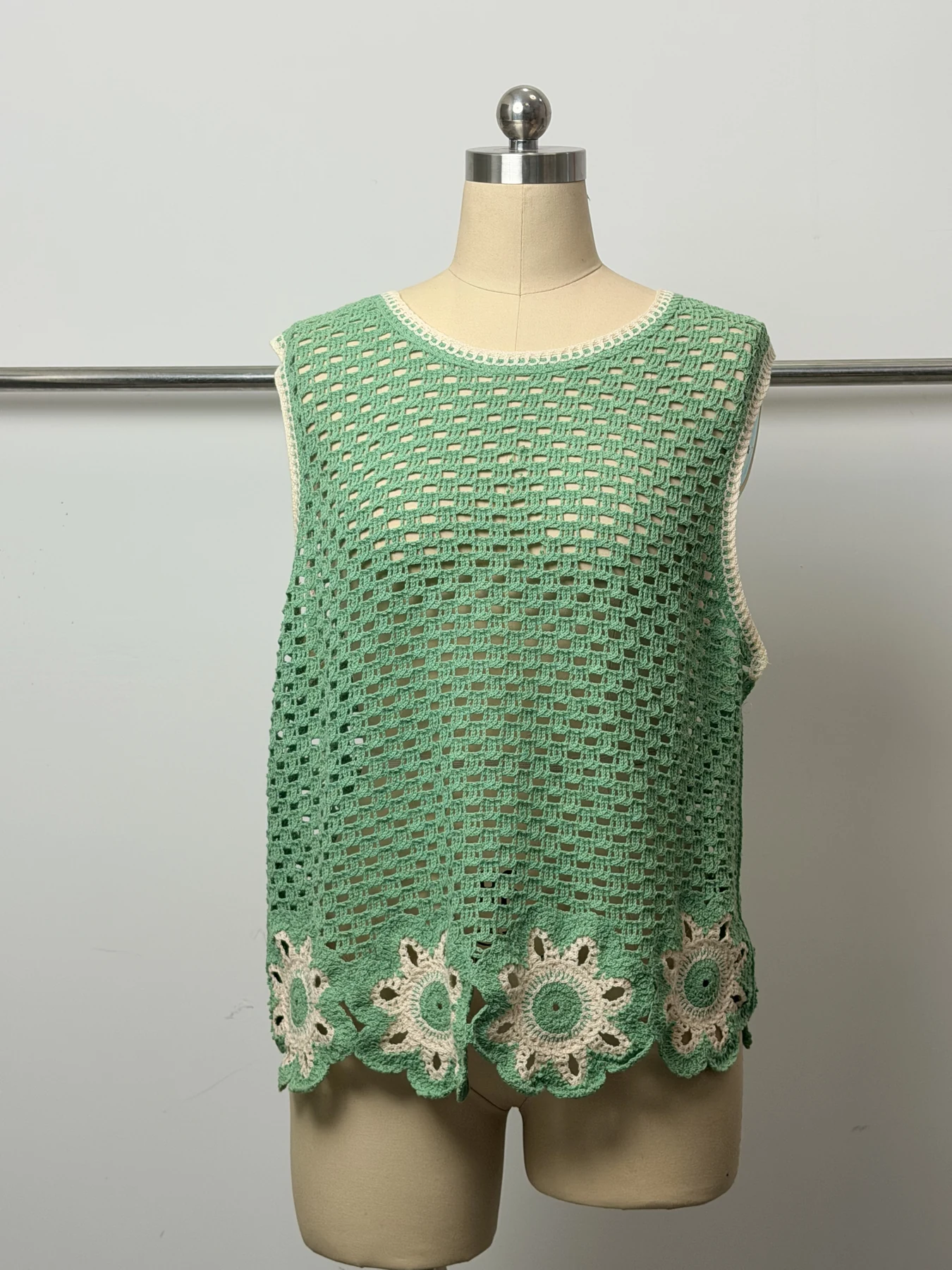 Wholesale Sage Green Crochet-Look Sleeveless Top for OEM and private label production