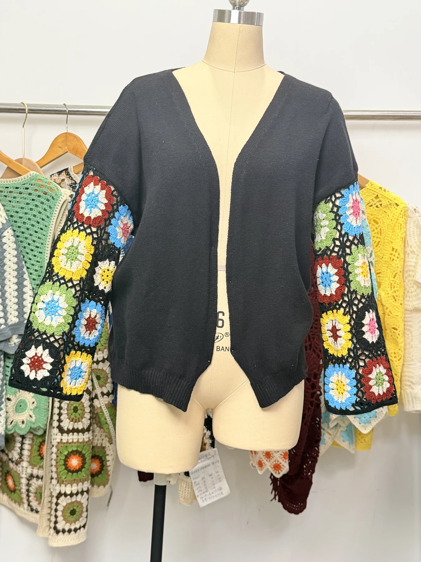 Wholesale Charcoal Granny Square Sleeve Knit Cardigan for OEM and private label production