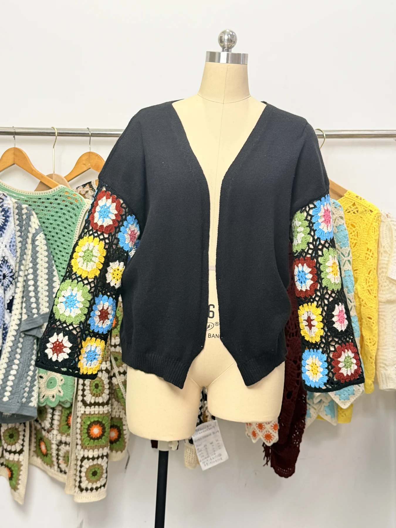 Wholesale Charcoal Granny Square Sleeve Knit Cardigan for OEM and private label production 2