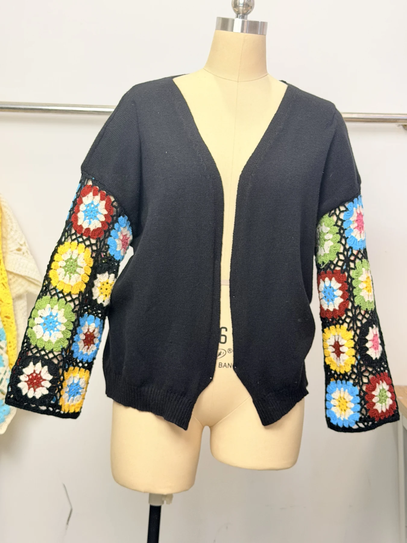Wholesale Charcoal Granny Square Sleeve Knit Cardigan for OEM and private label production 3