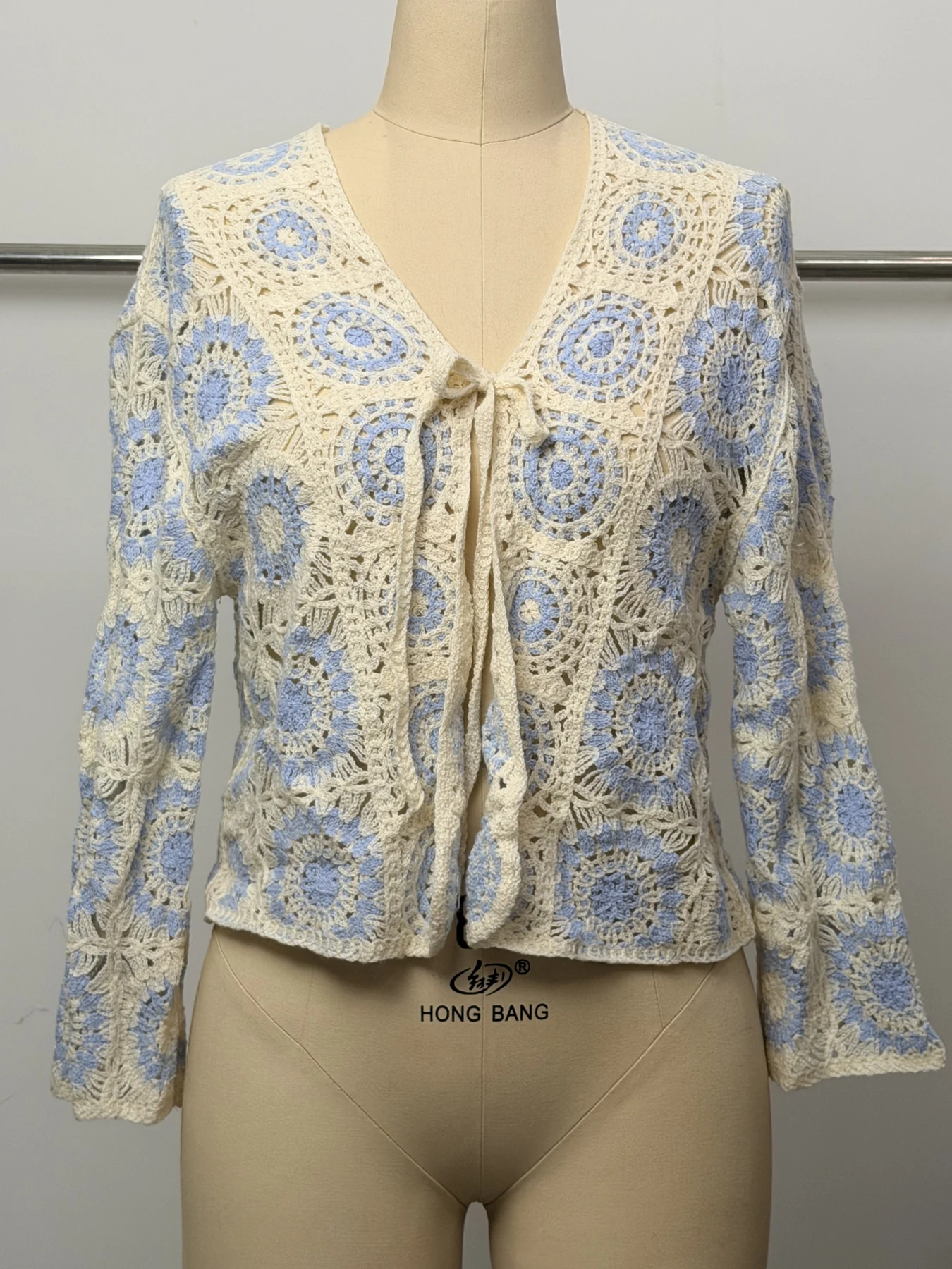 Wholesale Blue Ivory Paisley Crochet-Look Cardigan for OEM and private label production