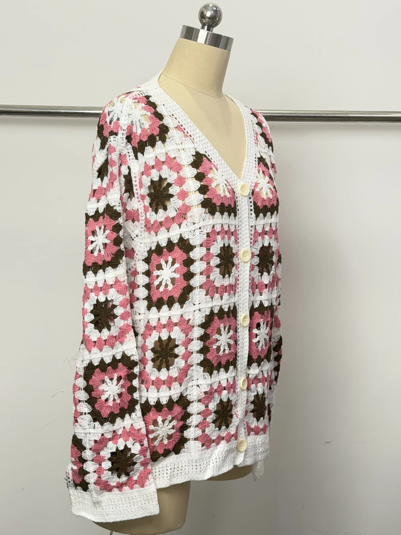 Wholesale Pink Green Granny Square Crochet-Look Cardigan for OEM and private label production 2