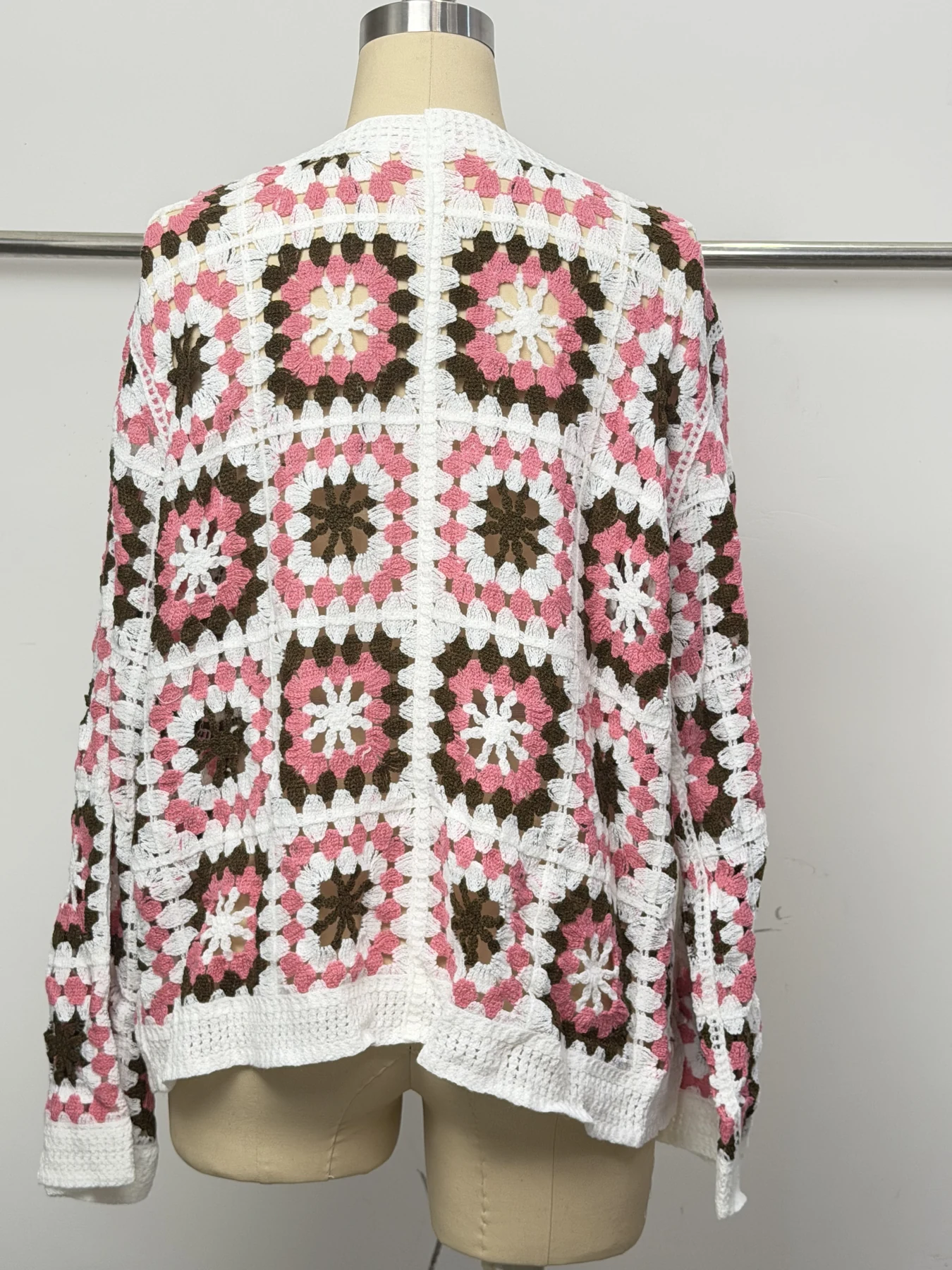 Wholesale Pink Green Granny Square Crochet-Look Cardigan for OEM and private label production 4
