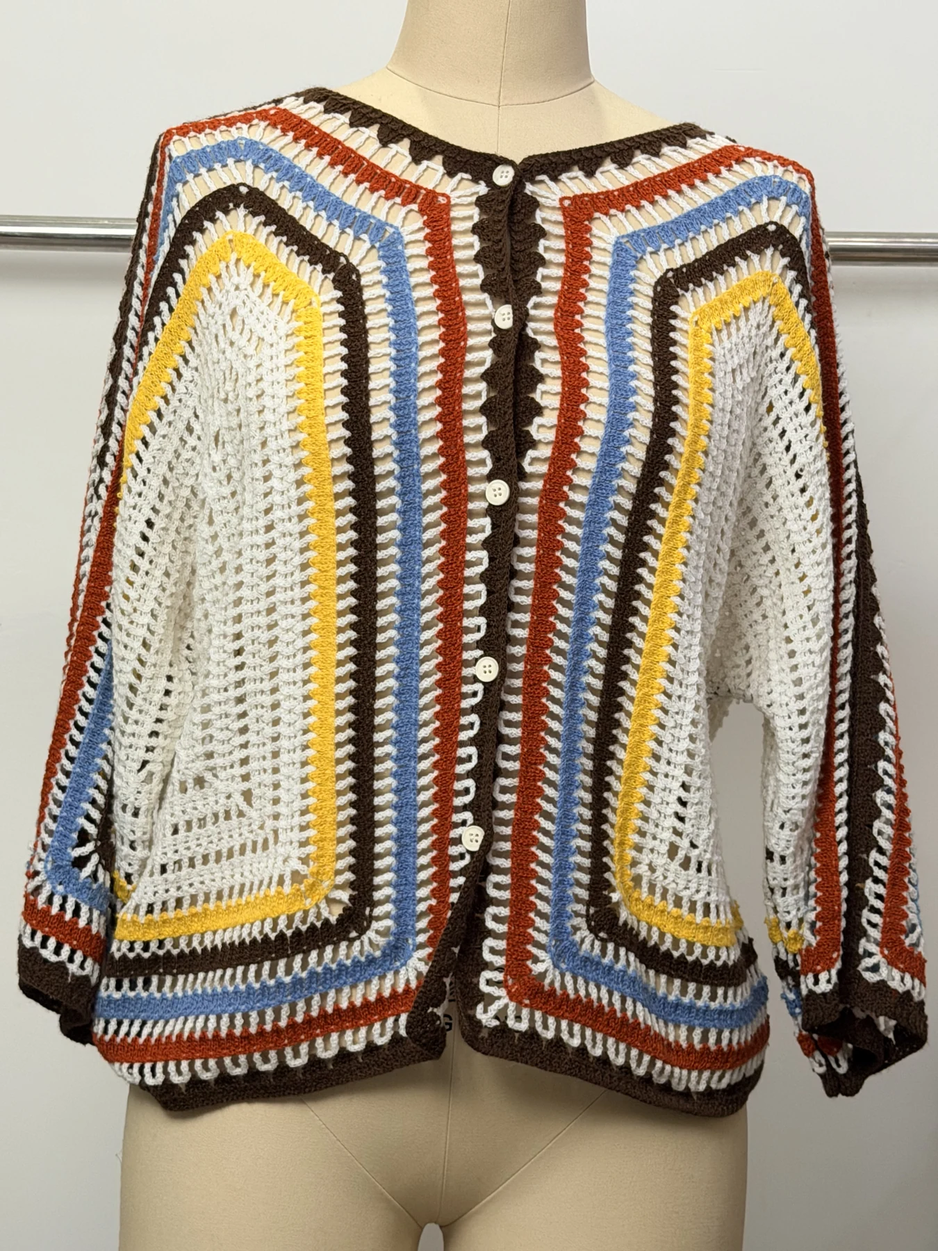 Wholesale Rust Navy Stripe Crochet-Look Cardigan for OEM and private label production