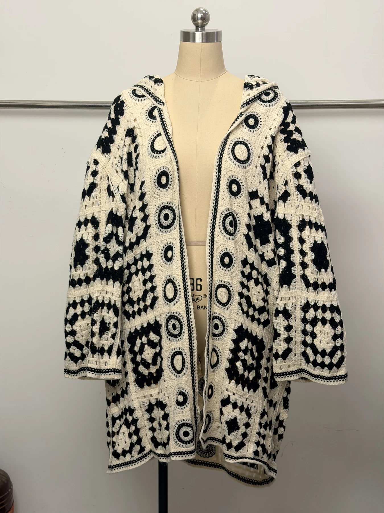 Wholesale Black Ivory Abstract Crochet-Look Cardigan for OEM and private label production