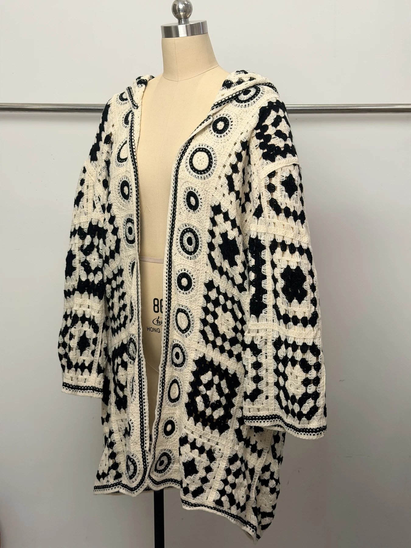 Wholesale Black Ivory Abstract Crochet-Look Cardigan for OEM and private label production 2