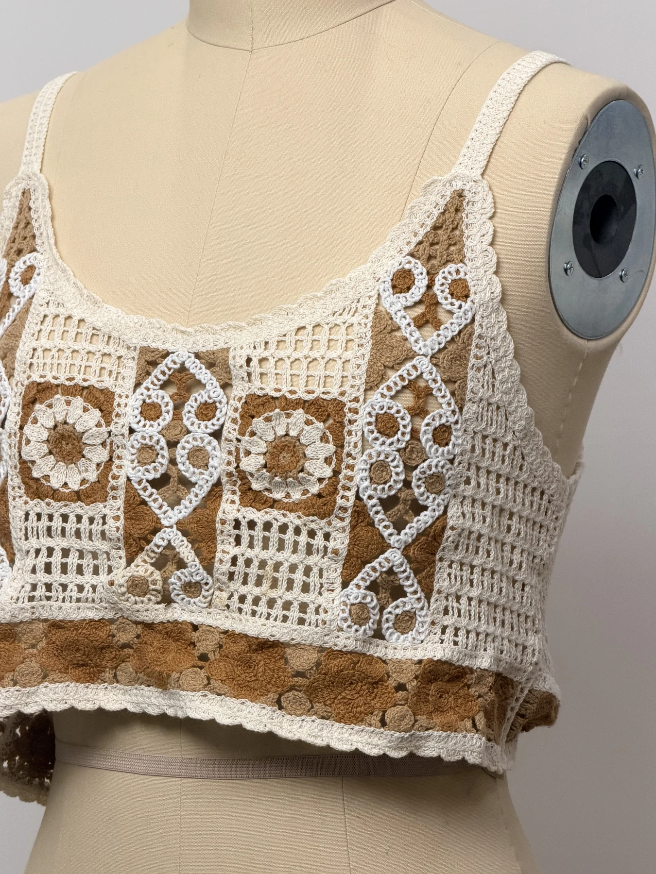 Wholesale Brown Ivory Square Motif Crochet-Look Crop Top for OEM and private label production 2