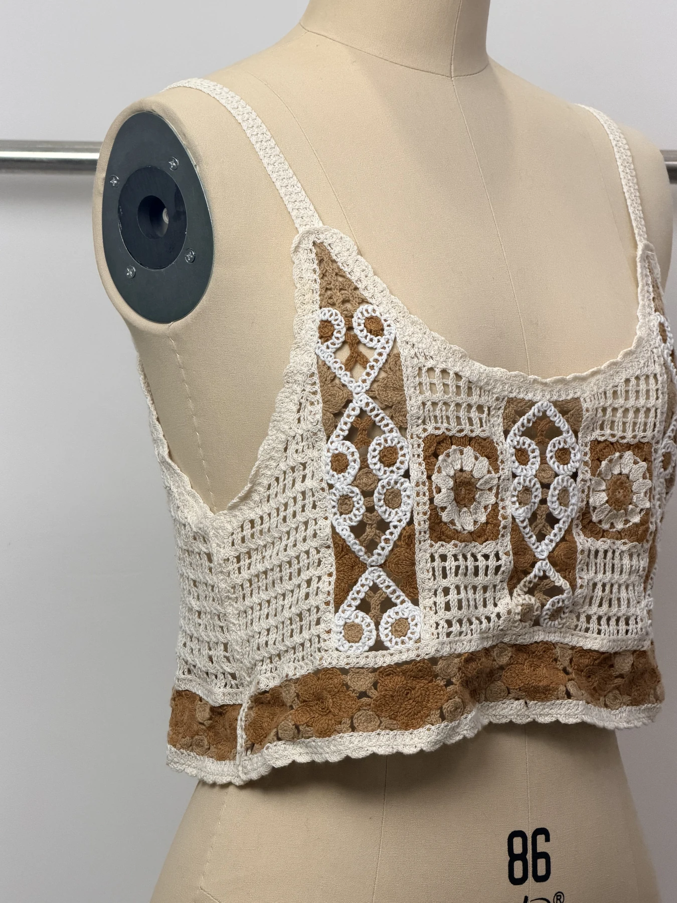 Wholesale Brown Ivory Square Motif Crochet-Look Crop Top for OEM and private label production 3