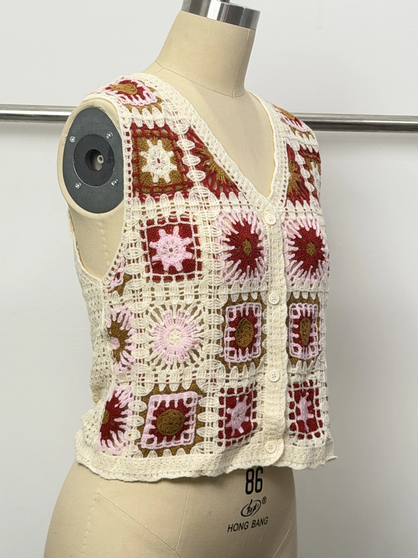 Wholesale Burgundy Pink Granny Square Crochet-Look Vest for OEM and private label production 3
