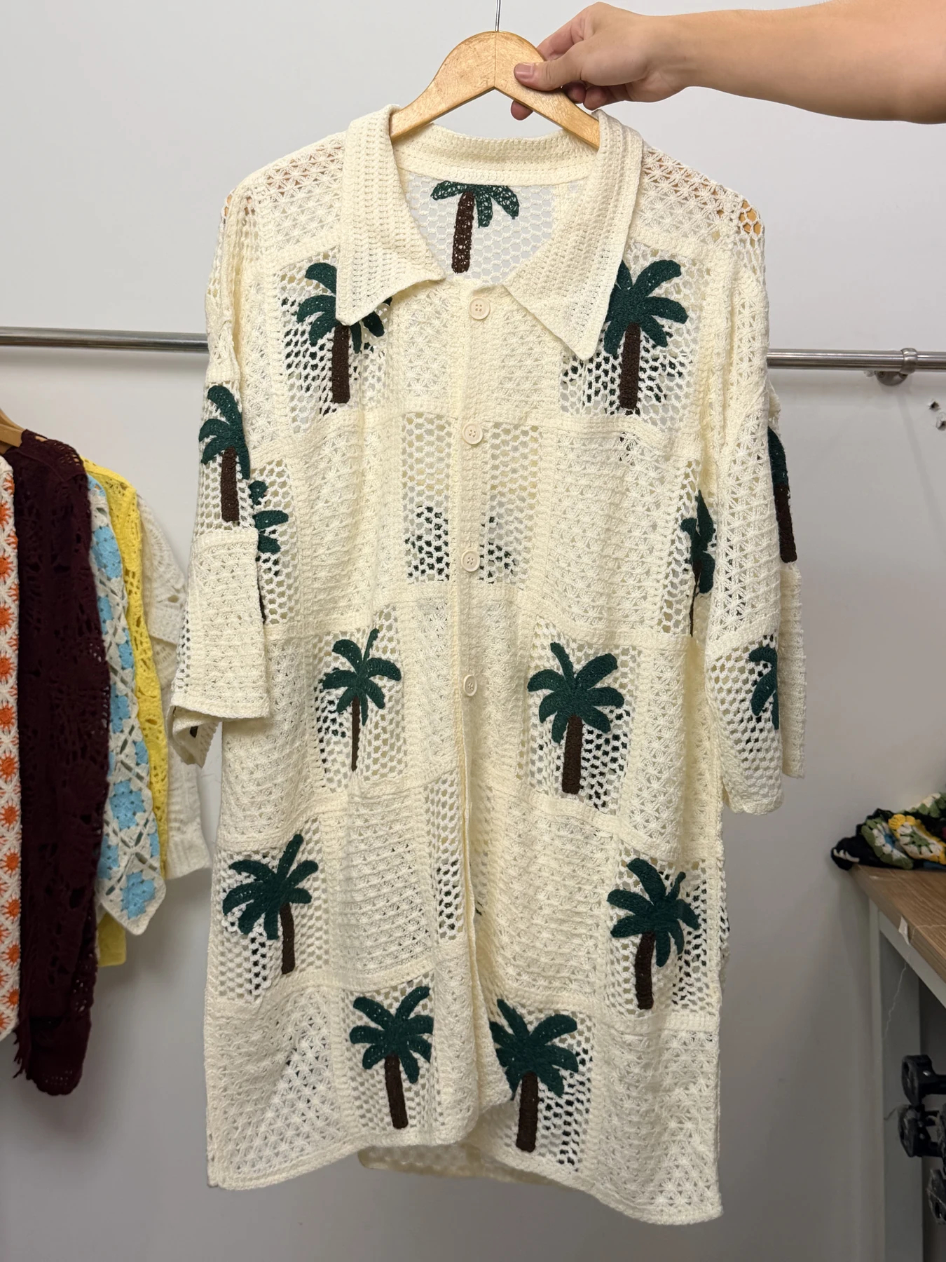 Wholesale Ivory Palm Tree Crochet-Look Shirt Dress for OEM and private label production